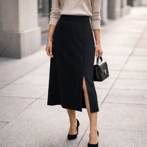 SHEIN Black A-Line Midi Skirt Size M with Side Button Detail Classic Chic Style